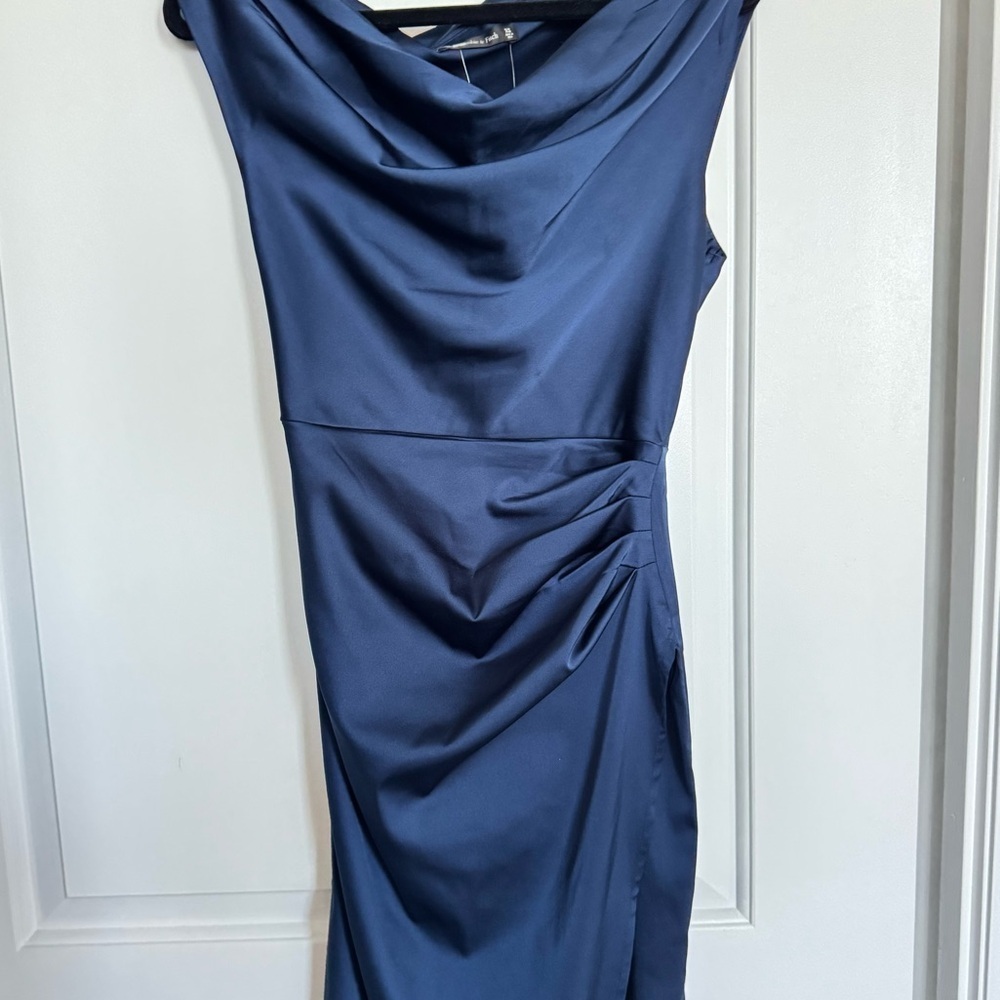 Abercrombie & Fitch Navy Blue Boat Cowl Neck Draped Ruched Maxi Dress Satin XS - Picture 10 of 10